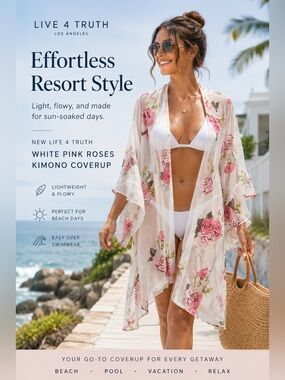 Live 4 Truth white pink roses kimono swim coverup size 1xl